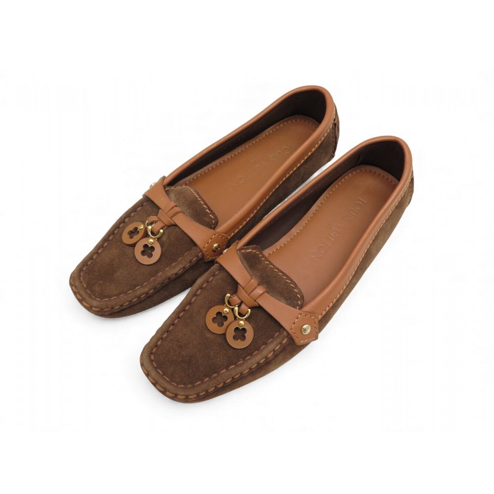 NEUF CHAUSSURES LOUIS VUITTON MOCASSINS 35.5 EN DAIM MARRON LOAFERS SHOES 890€