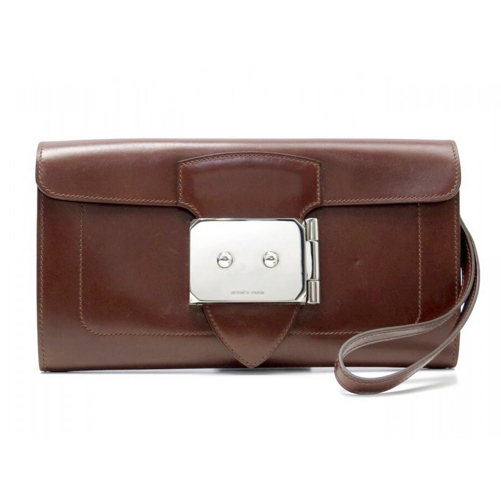 SAC POCHETTE A MAIN HERMES GOODLOCK EN CUIR MARRON BROWN LEATHER WALLET HANDBAG
