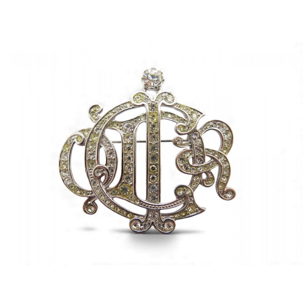 VINTAGE BROCHE CHRISTIAN DIOR LOGO & STRASS METAL ARGENTE SILVERED BROOCH 450€
