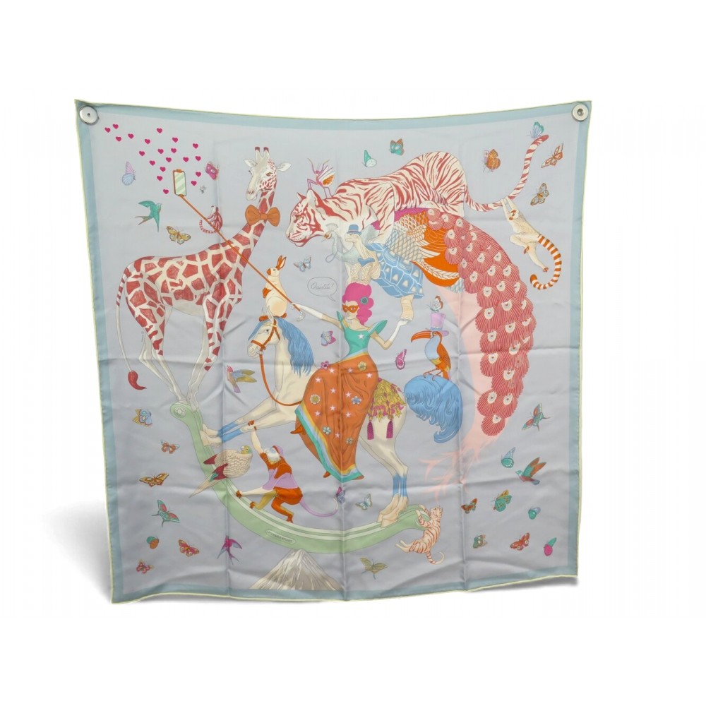 NEUF FOULARD HERMES STORY JONATHAN BURTON SOIE BLEU CARRE 90 SILK SCARF 530€