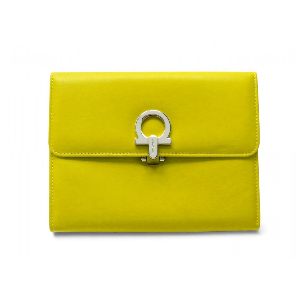 SAC POCHETTE A MAIN SALVATORE FERRAGAMO GANCINI EN CUIR JAUNE BOITE CLUTCH 890€
