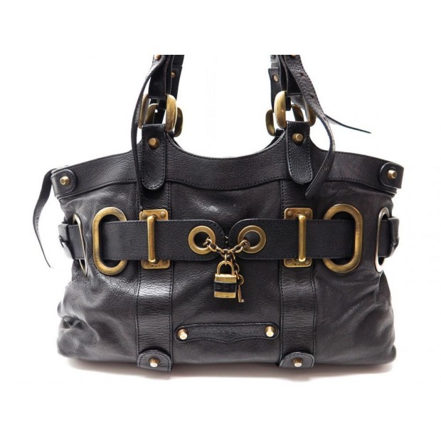 SAC A MAIN BARBARA BUI EN CUIR GRAINE NOIR & DORE CADENAS HAND BAG PURSE 850€