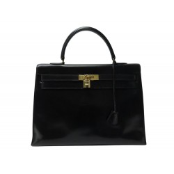 VINTAGE SAC A MAIN HERMES KELLY 35 BOX SELLIER EN CUIR NOIR BLACK HAND BAG
