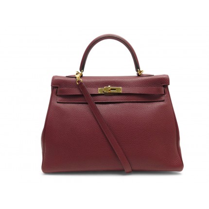 SAC A MAIN HERMES KELLY 35 EN CUIR TAURILLON CLEMENCE ROUGE BANDOULIERE HAND BAG
