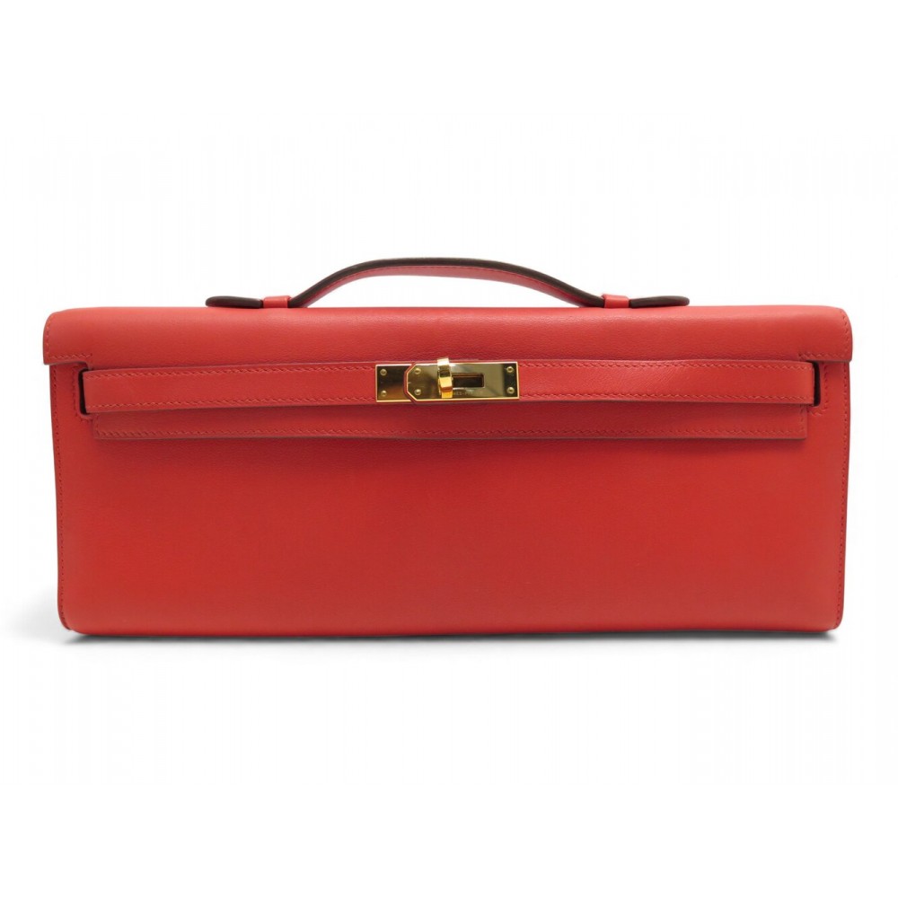 SAC A MAIN HERMES KELLY CUT CLUTCH CUIR SWIFT ROUGE POCHETTE RED HAND BAG POUCH