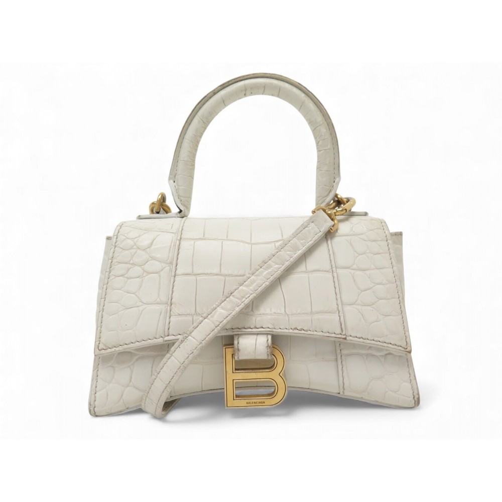 SAC A MAIN BALENCIAGA HOURGLASS XS 592833 CUIR FACON CROCODILE ECRU PURSE 2150€