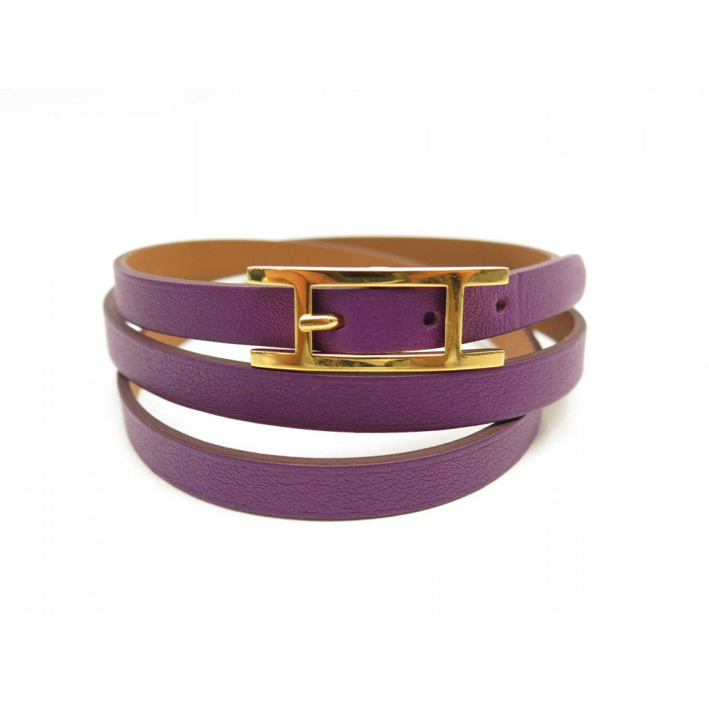 NEUF BRACELET HERMES BEHAPI TRIPLE TOUR 21-23 CM CUIR SWIFT VIOLET BANGLE 390€