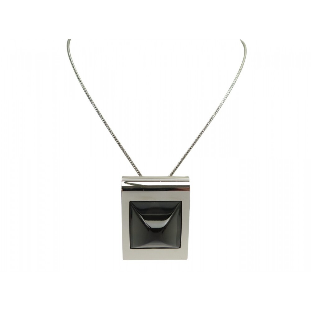 NEUF COLLIER HERMES PENDENTIF MEDOR PIERRE NOIR CHAINE EN ARGENT SILVER NECKLACE