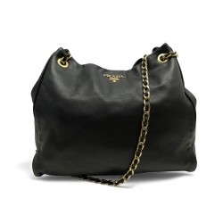 SAC A MAIN PRADA CABAS EN CUIR NOIR BANDOULIERE CHAINE METAL DORE HAND BAG 3800€