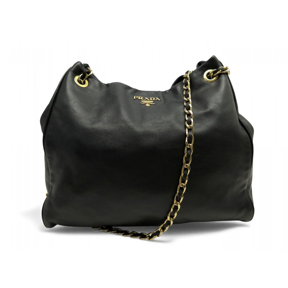 SAC A MAIN PRADA CABAS EN CUIR NOIR BANDOULIERE CHAINE METAL DORE HAND BAG 3800€