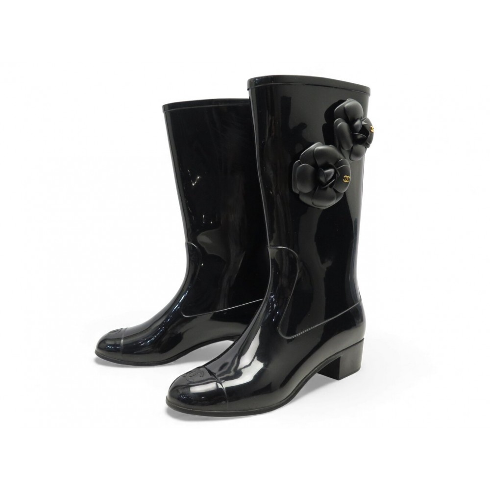 CHAUSSURES CHANEL BOTTES DE PLUIE CAMELIA 38 CAOUTCHOUC NOIR BOOTS SHOES 1300€