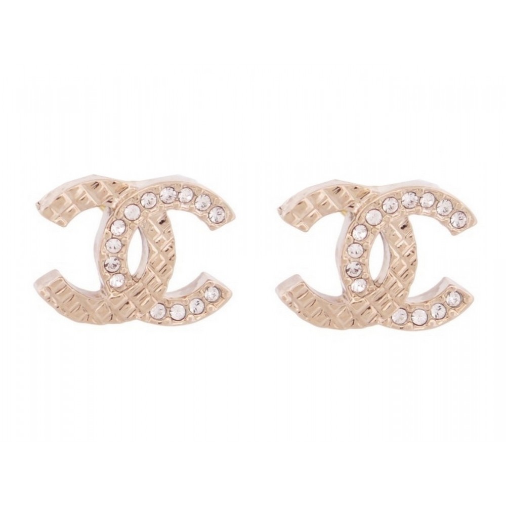 NEUF BOUCLES D'OREILLES CHANEL LOGO CC MATELASSE DORE STRASS BOITE EARRINGS 650€