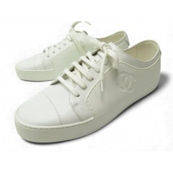 NEUF CHAUSSURES CHANEL TENNIS G32719 BASKETS 42 CUIR BLANC SNEAKERS SHOES 1450€