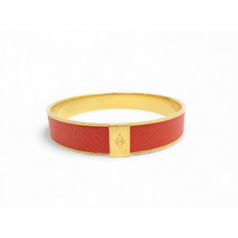 BRACELET HERMES KAWAII CUIR GRAINE S 18CM ORANGE PLAQUE OR LEATHER BANGLE 660€