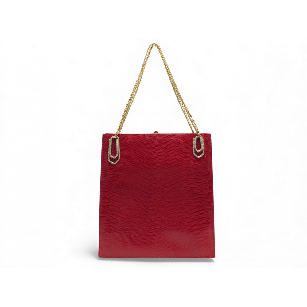 NEUF SAC A MAIN VALENTINO COLLECTION CUIR DE LEZARD ROUGE CHAINE METAL DORE BAG