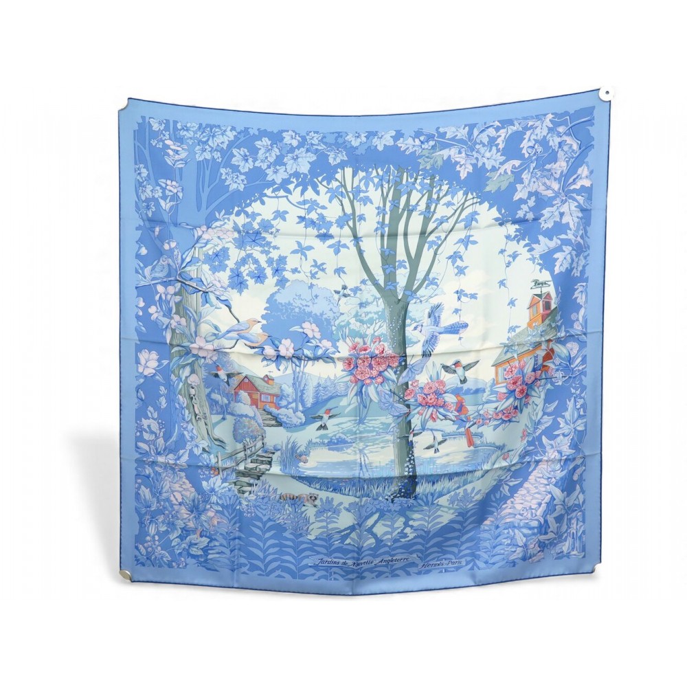 NEUF FOULARD HERMES JARDINS DE NOUVELLE ANGLETERRE SOIE BLEU CARRE 90 BOITE 530€