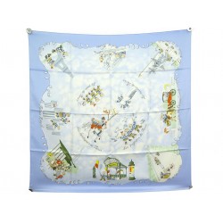 NEUF RARE FOULARD HERMES LES TRIPLES NICOLE LAMBERT CARRE 90 CM SOIE BLEU SCARF