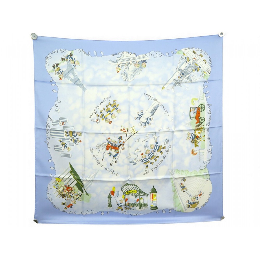 NEUF RARE FOULARD HERMES LES TRIPLES NICOLE LAMBERT CARRE 90 CM SOIE BLEU SCARF