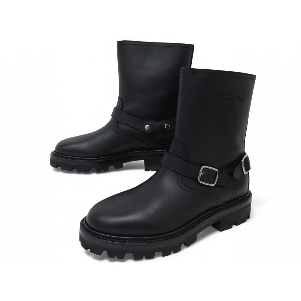 NEUF CHAUSSURES CELINE BOTTINES BIKER 15 MOTARD 37 CUIR NOIR BLACK BOOTS 990€