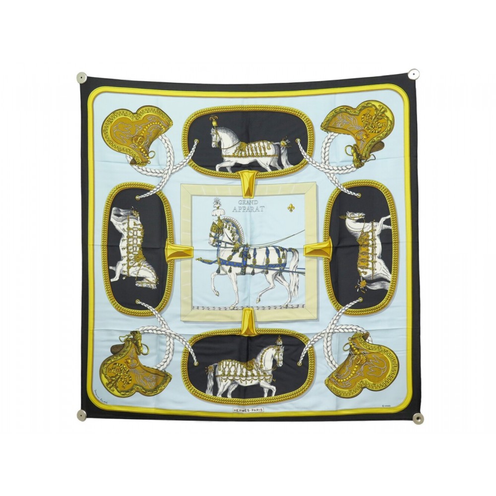 NEUF FOULARD HERMES GRAND APPARAT J. EUDEL CARRE 90 CM EN SOIE BLEUE SCARF 530€