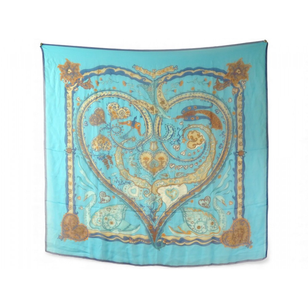 NEUF CHALE HERMES DE TOUT COEUR EN MOUSSELINE DE SOIE BLEU CARRE 140 SHAWL 1260€