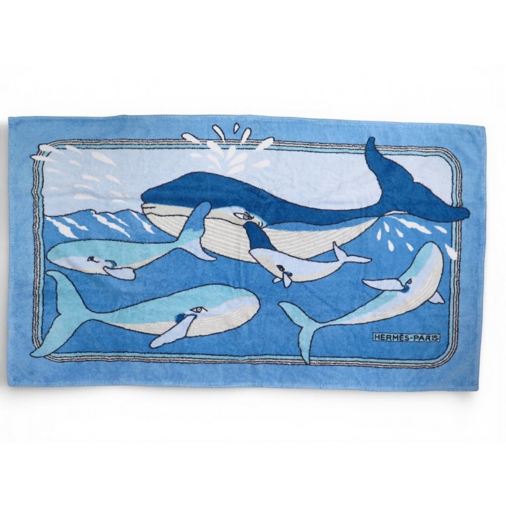 SERVIETTE DE PLAGE HERMES LES BALEINES GM TAPIS DE BAIN BLEU WHALE TOWEL 610€