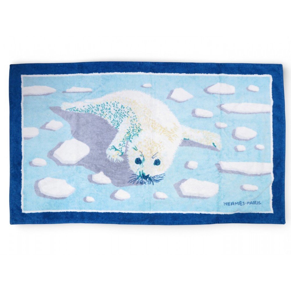 SERVIETTE DE PLAGE HERMES BEBE PHOQUE BLANCHON GM TAPIS DE BAIN BLEU TOWEL 610€