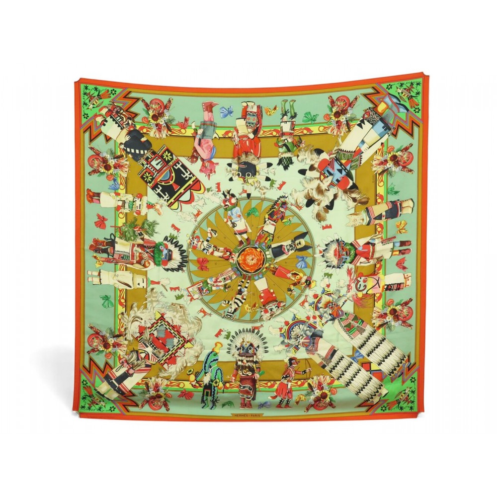 FOULARD HERMES KACHINAS KERMIT OLIVER CARRE 90 CM EN SOIE JAUNE SILK SCARF 530€
