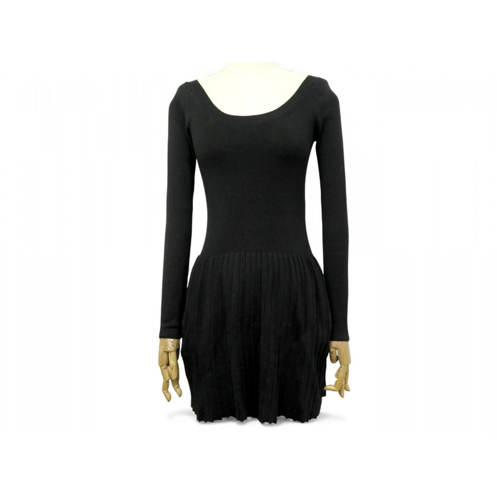 NEUF ROBE LOUIS VUITTON 34 XS MANCHE LONGUE PLISSEE LAINE SOIE NOIR DRESS 2800€