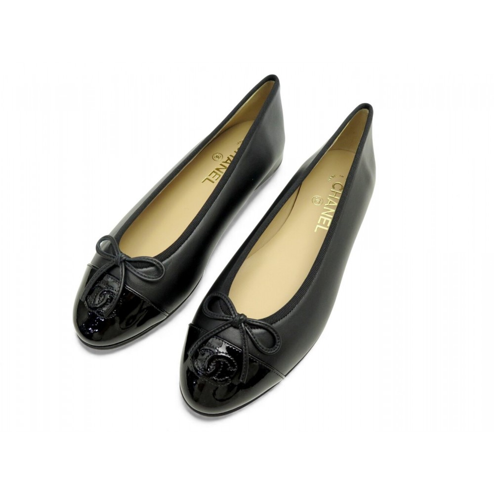 NEUF CHAUSSURES CHANEL BALLERINES LOGO CC CUIR G02819 38.5 CUIR NOIR SHOE 960€