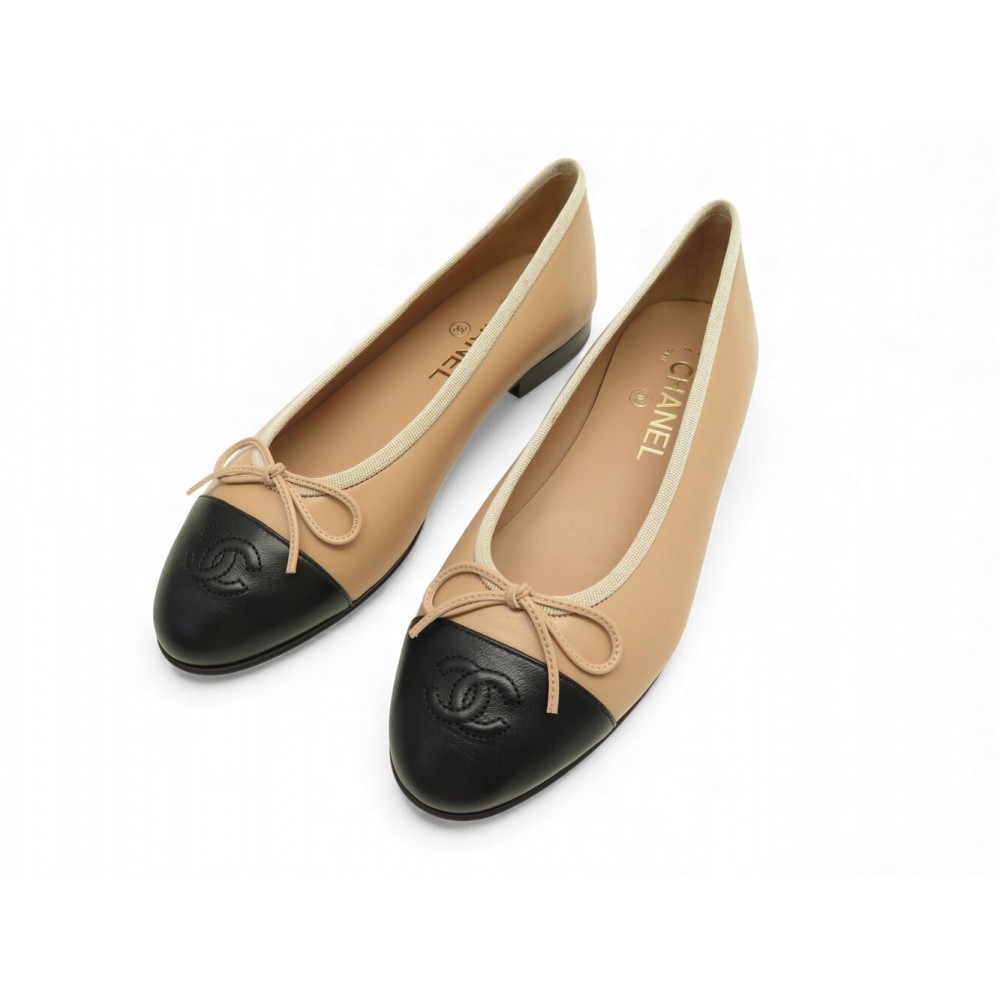 NEUF CHAUSSURES CHANEL BALLERINES LOGO CC CUIR G02819 37 EN CUIR BEIGE SHOE 960€