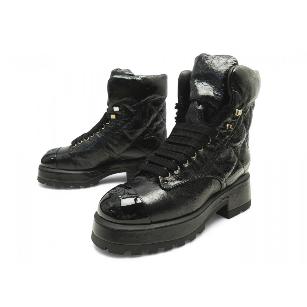 NEUF CHAUSSURES CHANEL RANGERS LACE-UP G39452 COMBAT BOOTS 39 EN CUIR NOIR 2550€