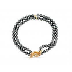 NEUF COLLIER DOUBLE RANGS PERLES HEMATITES NOIRES OR JAUNE 18K & DIAMANTS 0.67€