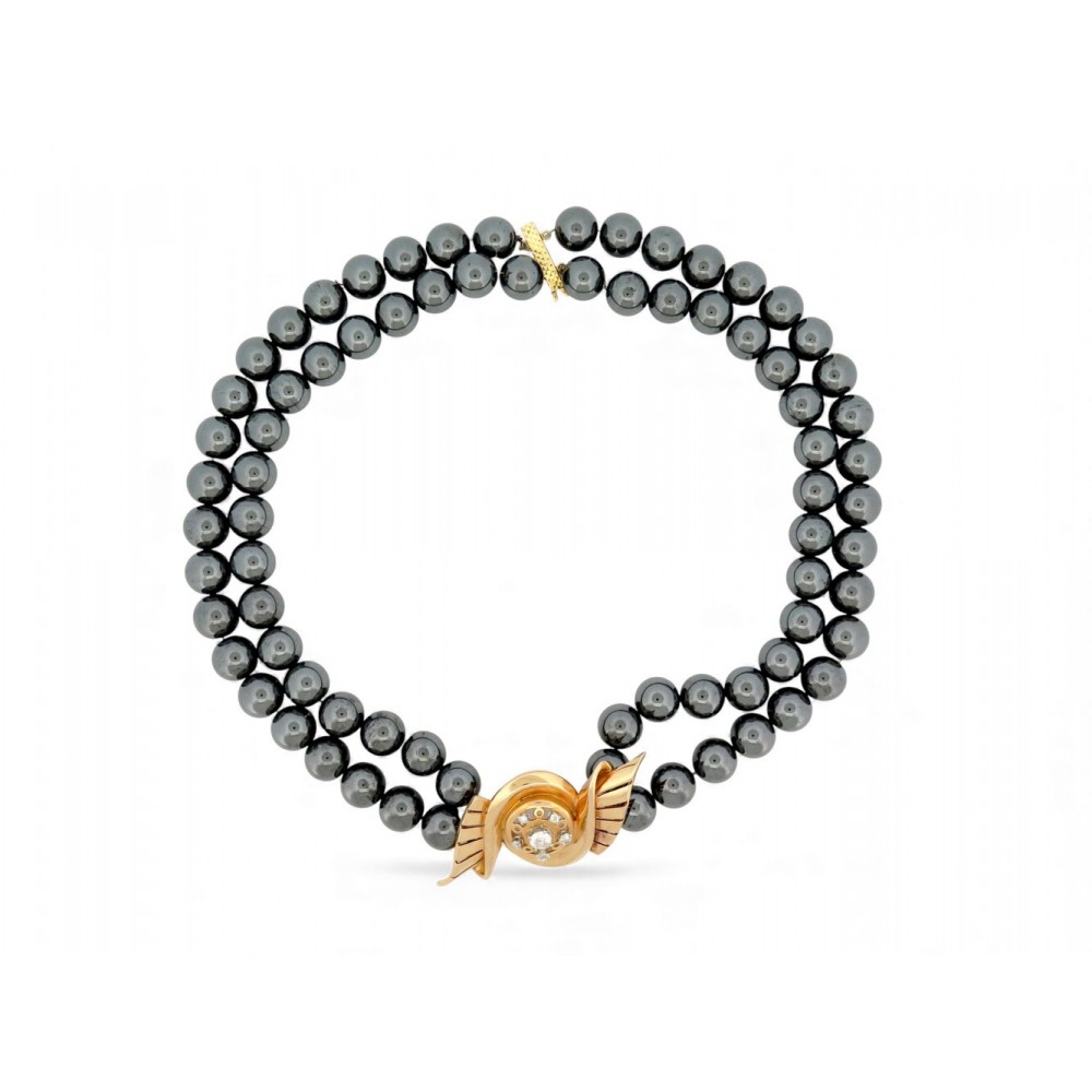 NEUF COLLIER DOUBLE RANGS PERLES HEMATITES NOIRES OR JAUNE 18K & DIAMANTS 0.67€
