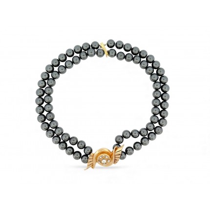 NEUF COLLIER DOUBLE RANGS PERLES HEMATITES NOIRES OR JAUNE 18K & DIAMANTS 0.67€