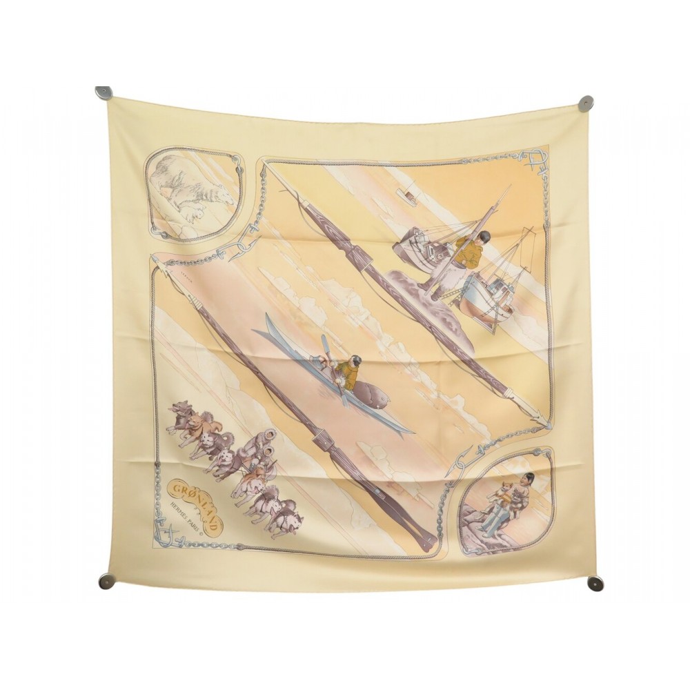 VINTAGE FOULARD HERMES GRONLAND LEDOUX CARRE 90 CM EN SOIE JAUNE SILK SCARF 530€