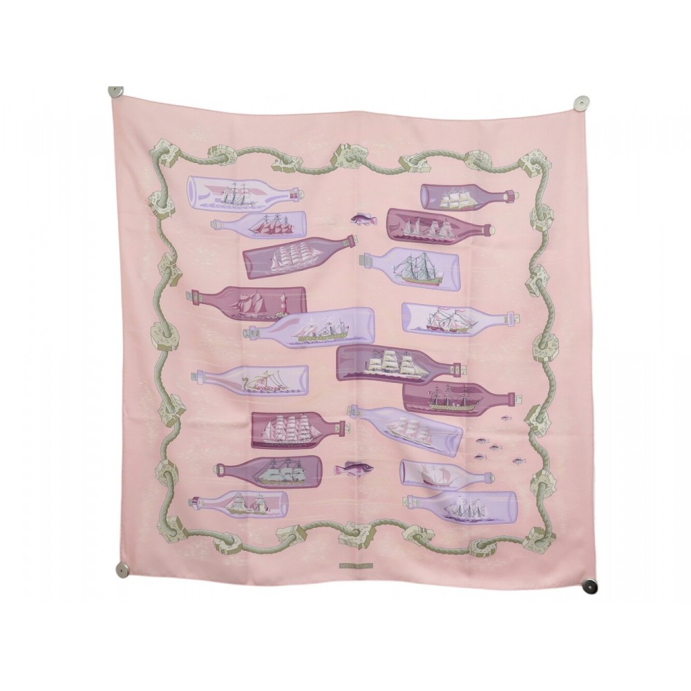 FOULARD HERMES BOUTEILLES A LA MER PERON CARRE 90 CM SOIE ROSE SILK SCARF 530€