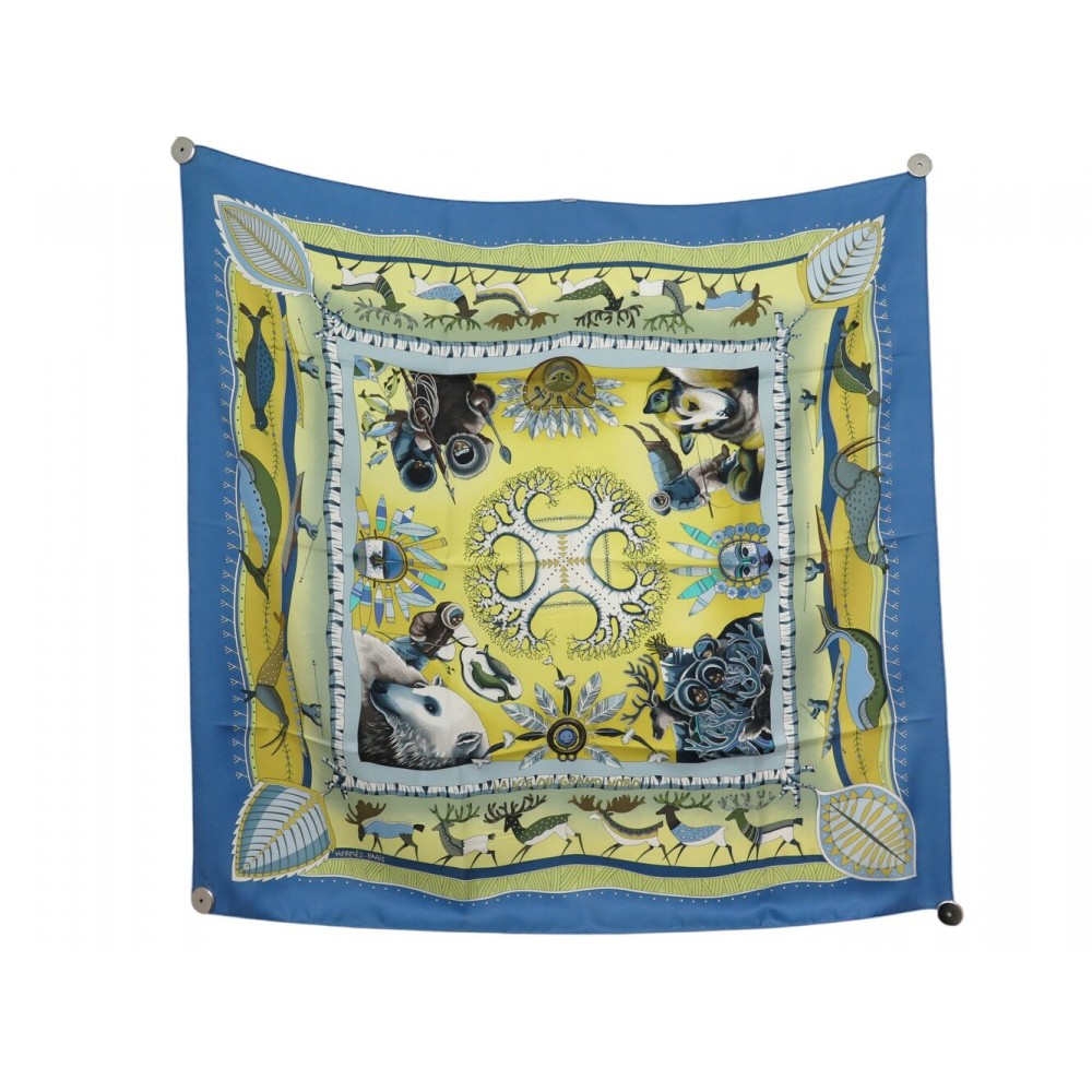 FOULARD HERMES LA VIE DU GRAND NORD HONORE CARRE 90 CM SOIE BLEU SILK SCARF 530€