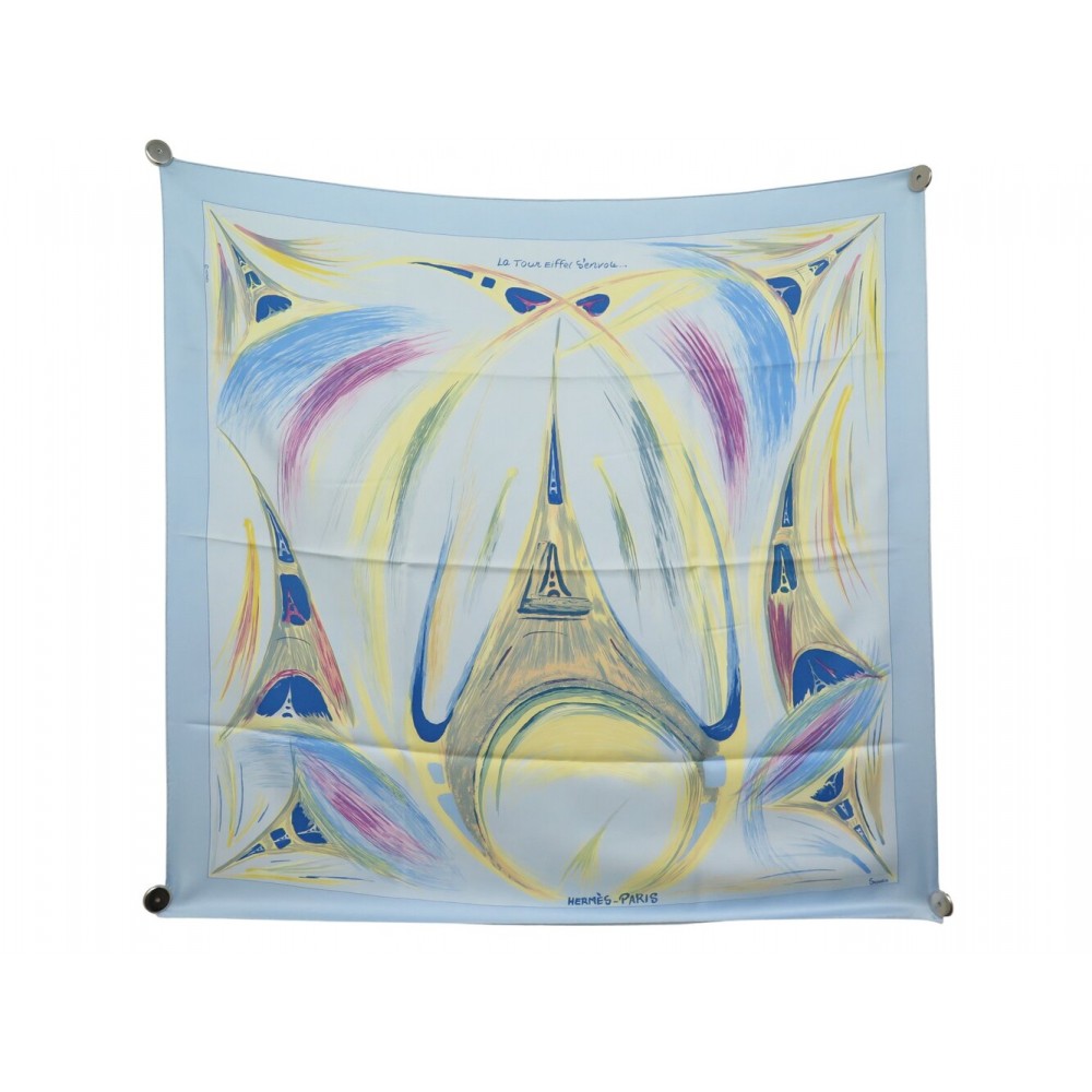 NEUF FOULARD HERMES LA TOUR EFFEIL S'ENVOLE CARRE 90 CM EN SOIE BLEUE SCARF 530€