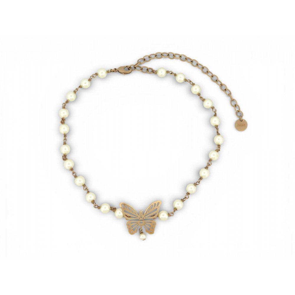 NEUF COLLIER DIOR CHOKER PAPILLON PERLES EN METAL DORE BUTTERFLY NECKLACE 650€