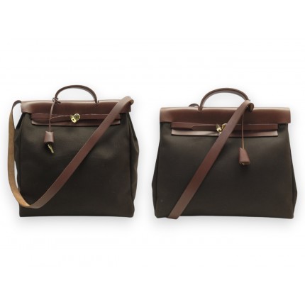 SAC A MAIN HERMES HERBAG 38 AVEC 2 CORPS TOILE MARRON BANDOULIERE HAND BAG 3350€