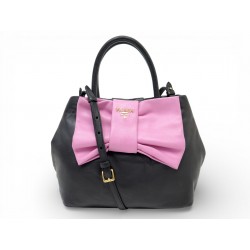 VINTAGE SAC A MAIN PRADA NOEUD CUIR NOIR ET ROSE BANDOULIERE HANDBAG PURSE 1850€