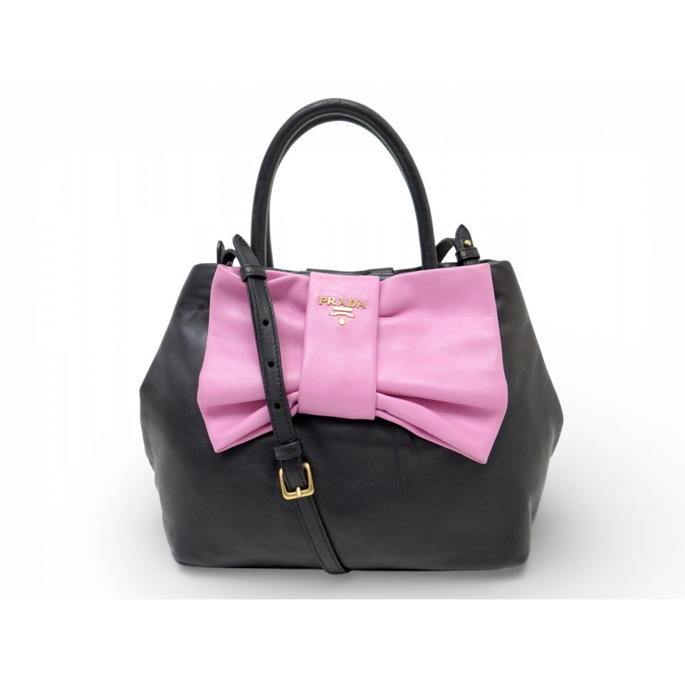 VINTAGE SAC A MAIN PRADA NOEUD CUIR NOIR ET ROSE BANDOULIERE HANDBAG PURSE 1850€