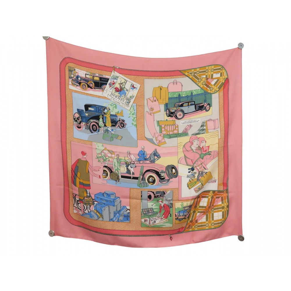 VINTAGE FOULARD HERMES L'ELEGANCE ET LE CONFORT EN AUTOMOBILE SOIE ROSE 530€