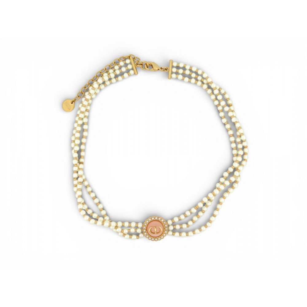 NEUF COLLIER DIOR CHOKER CD PERLES MULTIRANG 36CM RAS DU COU DORE NECKLACE 650€