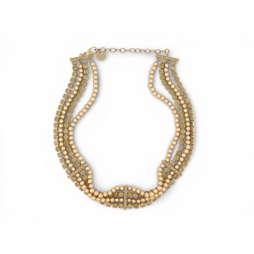 NEUF COLLIER DIOR CHOKER PERLES STRASS MULTIRANGS 38CM METAL DORE NECKLACE 650€