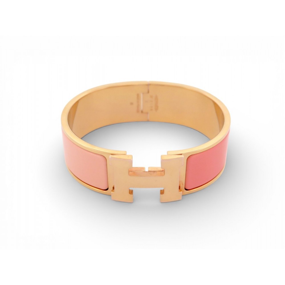 NEUF BRACELET HERMES CLIC CLAC H LARGE H300001FV 17.5CM EMAIL ROSE BANGLE 730€