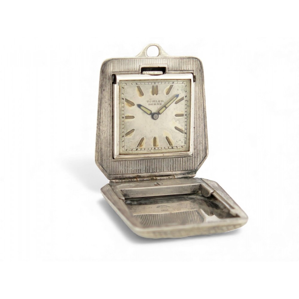 VINTAGE MONTRE DE POCHE TURLER BERNE CLAPET ART DECO 1920'S METAL ARGENTE WATCH