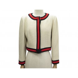 VESTE CHANEL SPENCER ECRU LISERE ROUGE EN TWEED LAINE 42 L 2001 LAGERFELD 9000€