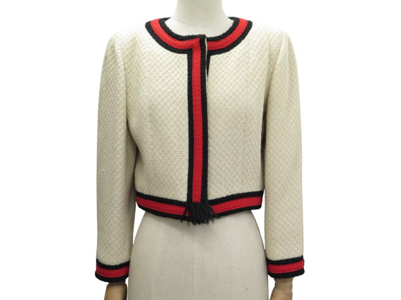 veste chanel spencer ecru lisere rouge en tweed laine